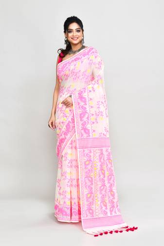 Women's off white pink cotton silk jamdani saree without blouse