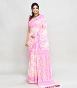 Women's off white pink cotton silk jamdani saree without blouse