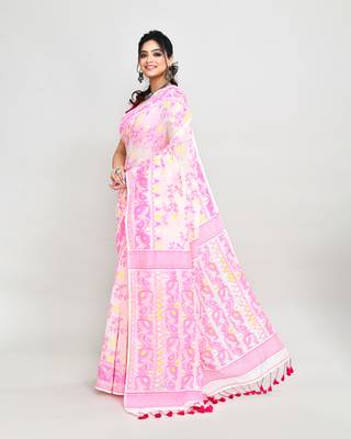 Women's off white pink cotton silk jamdani saree without blouse 2