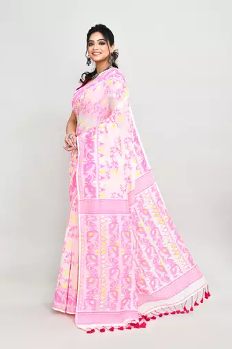 Women's off white pink cotton silk jamdani saree without blouse