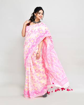 Women's off white pink cotton silk jamdani saree without blouse 3