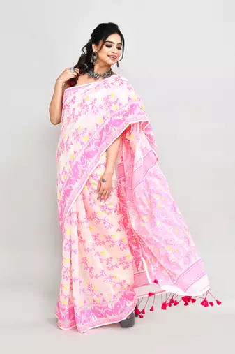 Women's off white pink cotton silk jamdani saree without blouse