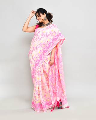 Women's off white pink cotton silk jamdani saree without blouse 4