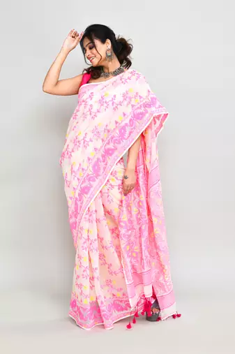 Women's off white pink cotton silk jamdani saree without blouse