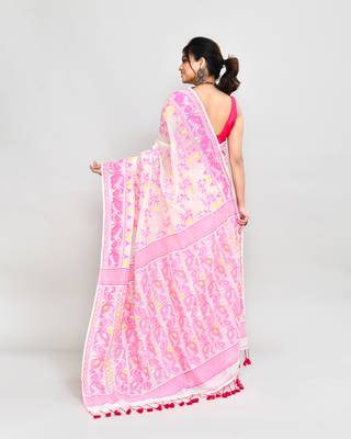 Women's off white pink cotton silk jamdani saree without blouse 5