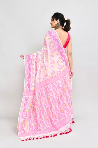 Women's off white pink cotton silk jamdani saree without blouse