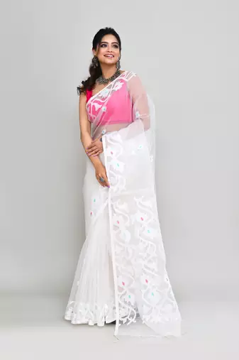 white hand work art silk jamdani saree with blouse piece