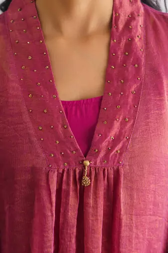 Plum hand embroidered zari stripe kurta (with slip)