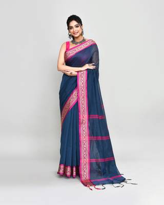 cotton silk charcoal handloom saree with blouse piece 1