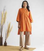 Orange stitched detail high low cotton kurta