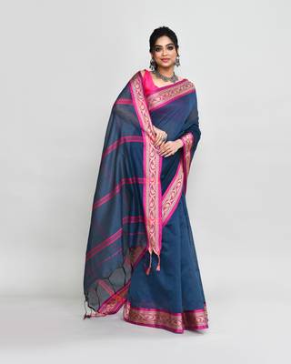 cotton silk charcoal handloom saree with blouse piece 4