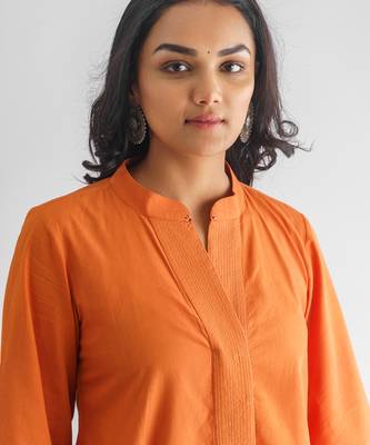 Orange stitched detail high low cotton kurta 5
