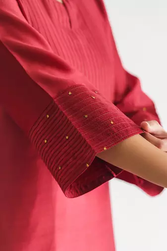 Maroon threadwork chanderi silk kurta with pant and dupatta