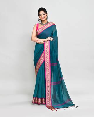 cotton silk teal handloom saree with blouse piece 1