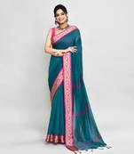 cotton silk teal handloom saree with blouse piece