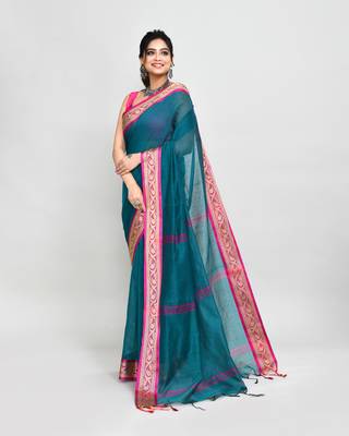 cotton silk teal handloom saree with blouse piece 2