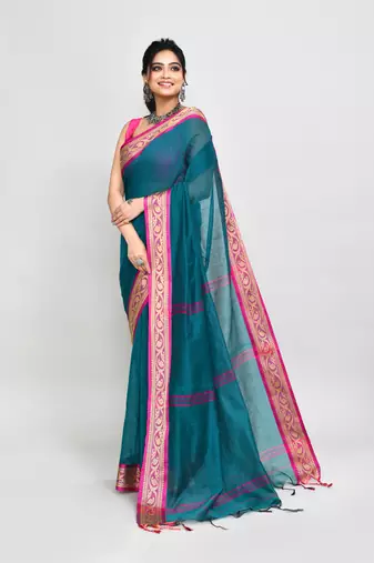 cotton silk teal handloom saree with blouse piece