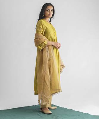 Lime green dori embroidered chanderi silk kurta (with slip) with pants and dupatta 1