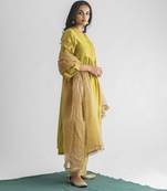 Lime green dori embroidered chanderi silk kurta (with slip) with pants and dupatta