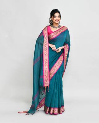 cotton silk teal handloom saree with blouse piece 3