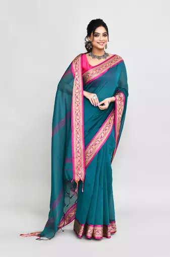 cotton silk teal handloom saree with blouse piece