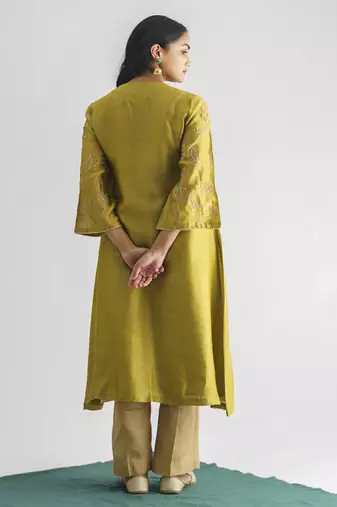 Lime green dori embroidered chanderi silk kurta (with slip) with pants and dupatta