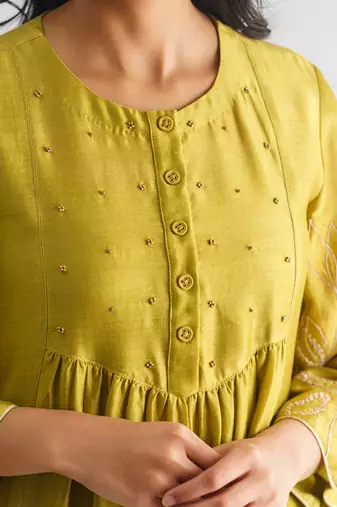 Lime green dori embroidered chanderi silk kurta (with slip) with pants and dupatta