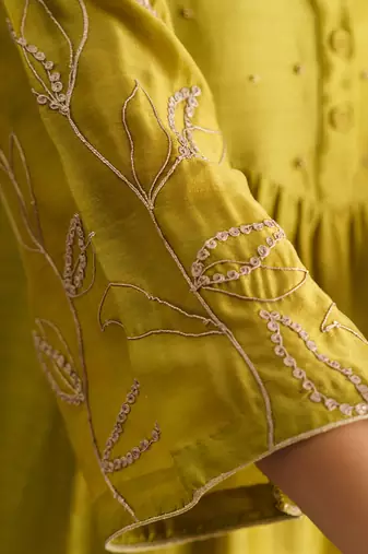 Lime green dori embroidered chanderi silk kurta (with slip) with pants and dupatta