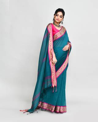 cotton silk teal handloom saree with blouse piece 4