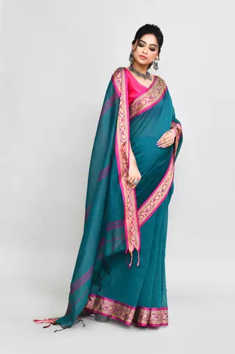 cotton silk teal handloom saree with blouse piece