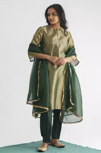 Green sequence work tissue fabric kurta with pant and dupatta