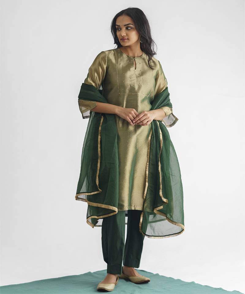 Green sequence work tissue fabric kurta with pant and dupatta