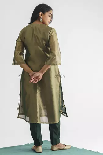 Green sequence work tissue fabric kurta with pant and dupatta