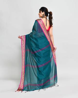 cotton silk teal handloom saree with blouse piece 5