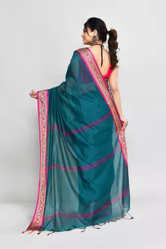 cotton silk teal handloom saree with blouse piece