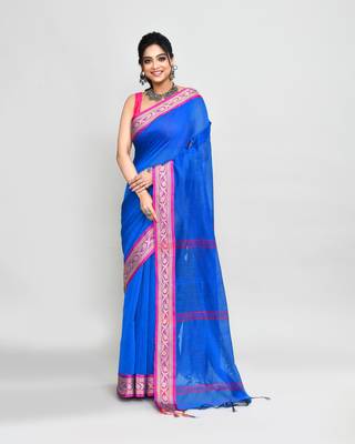 cotton silk blue handloom saree with blouse piece 1