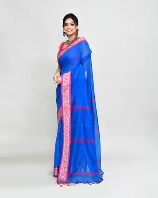 cotton silk blue handloom saree with blouse piece 2