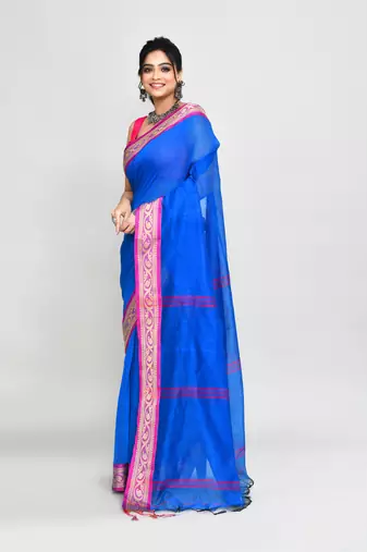 cotton silk blue handloom saree with blouse piece