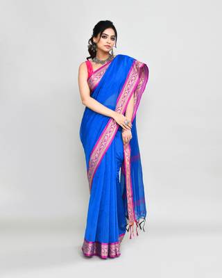 cotton silk blue handloom saree with blouse piece 3