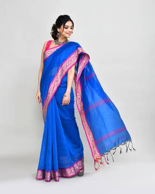 cotton silk blue handloom saree with blouse piece 4