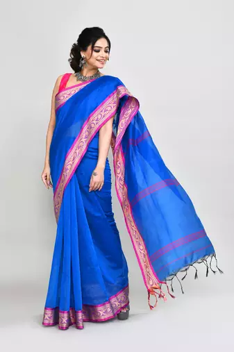 cotton silk blue handloom saree with blouse piece