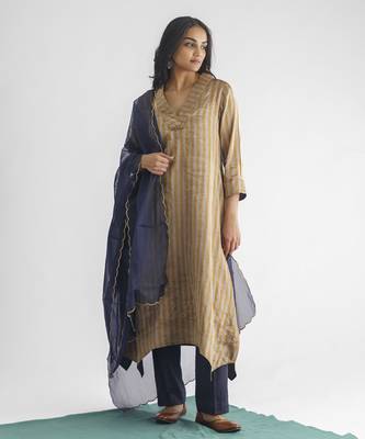 Grey and gold stripe handwoven chanderi silk kurta (with slip) with pant and dupatta 1