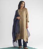 Grey and gold stripe handwoven chanderi silk kurta (with slip) with pant and dupatta