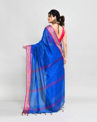 cotton silk blue handloom saree with blouse piece 5