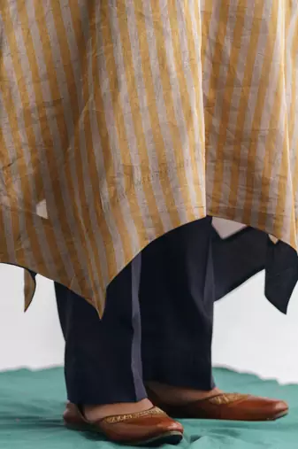 Grey and gold stripe handwoven chanderi silk kurta (with slip) with pant and dupatta