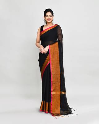 cotton silk black handloom saree with blouse piece 1