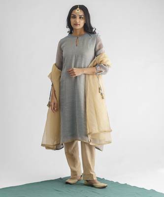 Powder blue zari stripe kurta with tassels with pant and dupatta 1