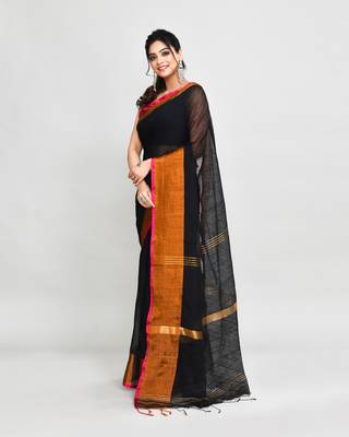 cotton silk black handloom saree with blouse piece 2