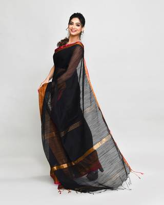 cotton silk black handloom saree with blouse piece 3