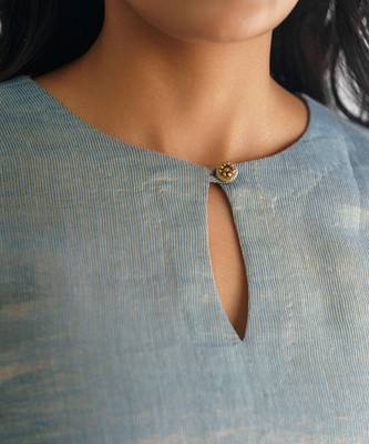 Powder blue zari stripe kurta with tassels with pant and dupatta 4